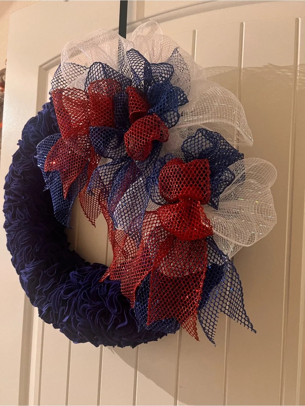 Patriotic Holiday Wreath. Red, White & Blue Mesh Bow & Felt. Handcrafted.